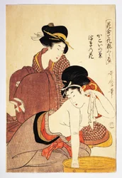 Vrouw die zichzelf wast, circa 1803, illustratie door Kitagawa Utamaro uit Hana Awase Kesho Kurabe, Aiban-tate-e houtsnede, Japanse beschaving, Edo-periode