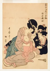 Vrouwen knuffelen een jongetje verkleed als de dichter Henjo, 1804-06 (houtsnede)
