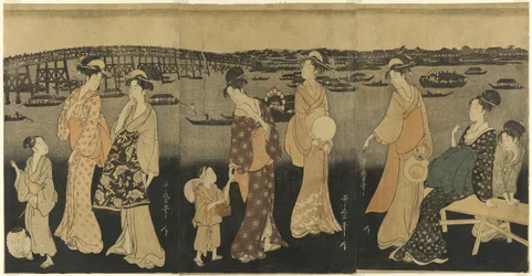 Vrouwen kijken naar vuurwerk bij de Sumida Rivier
