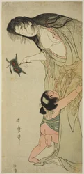 Yamauba houdt kastanjes vast terwijl Kintaro ernaar reikt, c.1804-5
