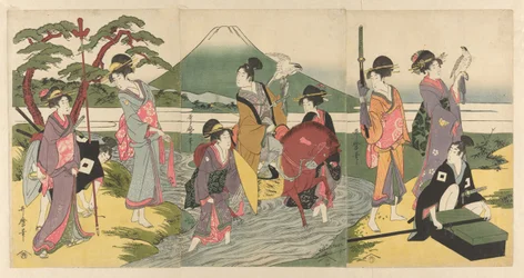 Jonge man en zijn groep steken een beek over voor Mt. Fuji