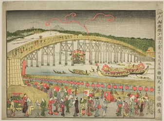 Genieten van de avondkoelte bij de Ryōgoku-brug in Edo