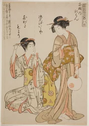 Terugkerende zeilen bij de Ryogoku-rivier (Ryogoku no kihan), uit de serie "Acht parodieën door hedendaagse schoonheden (Tosei mitate bijin hakkei)"