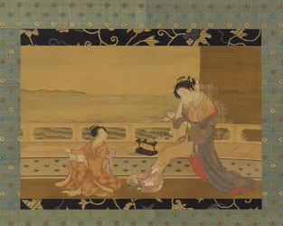 Twee meisjes op een balkon met uitzicht op zee, Edo-periode, 1739-1820