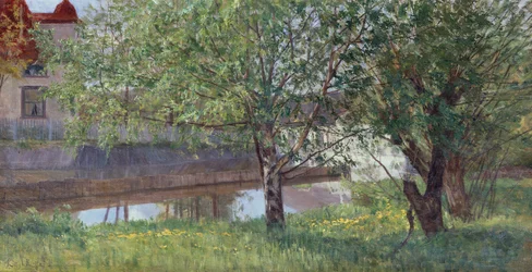 Kanaalsectie met huis en bomen