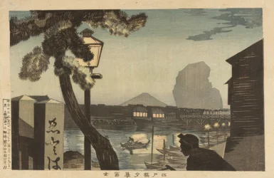 Mt. Fuji bij schemering vanaf de Edo-brug