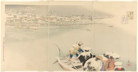Tweede maand: Matsuchi-heuvel in de sneeuw bij schemering (Kisaragi, Matsuchiyama yuki no tasogare), uit de serie Ware uitzichten van beroemde plaatsen in Tokio (Tokyo meisho shinkei no uchi)