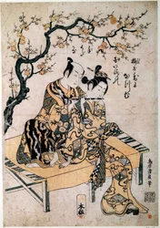 Japanse kunst: een muzikant geeft een fluitles aan een jonge vrouw. Prent door Kiyohiro Torii (1737-1766) 18e eeuw Parijs, B.N.