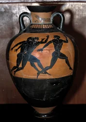Griekse kunst: Panathenaïsche keramische amphora met zwarte figuren die atleten voorstellen die een race lopen. Keramiek van de Schilder van Cleophrades. Begin 5e eeuw v.Chr.