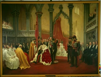 De kroning van Oscar II in de kathedraal van Trondheim op 18 juli