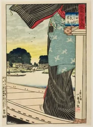 Verre Uitzicht op Matsuchi Heuvel vanaf de Sumida Rivier (Sumidagawa yori Matsuchiyama enkei), uit de serie "Honderd Zichten van de Musashi Provincie (Musashi hyakkei no uchi)"