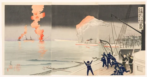 Hoera voor de Grote Overwinning van de Marine van Groot Japan bij de Zeeslag van Incheon tussen Japan en Rusland
