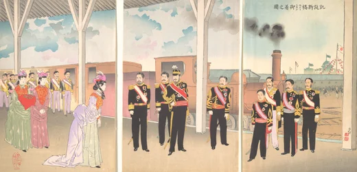 Illustratie van de aankomst van de keizer op station Shinbashi na een zegevierende terugkeer, 1895.