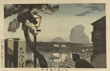 De Fuji bij schemering vanaf de Edo-brug