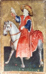 Een bereden valkenier, een van een set speelkaarten die scènes van hofvalkenjacht uitbeelden, Opper-Rijngebied, ca. 1440-45