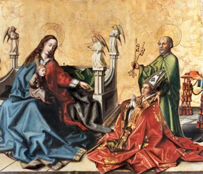 De presentatie van de Kardinaal van Mies aan de Maagd. Schilderij door Konrad Witz, ca. 1444