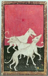 Drie jachthonden, een van een set speelkaarten met scènes van hoffelijke valkerij, Boven-Rijngebied, c.1440-45