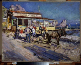 Gurzuf (Krim). Havenplaatsje genesteld in een baai, met uitzicht op de Berenberg. Schilderij van Konstantin Alexeyevich Korovin (1861-1939)