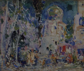 Toneelontwerp voor het ballet De Rode Pimpernel door F. Hartman, 1911