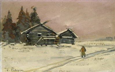 Winterlandschap met twee houten Hutten