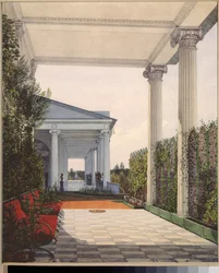 Uitzicht op de colonnade vanuit de kamer van keizerin Maria Alexandrovna in het grote paleis van Tsarkoye Selo