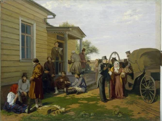 Vrederechter. Gerechtsgebouw op het Russische platteland, boeren wachten al pratend en juristen zijn druk bezig. Schilderij van Konstantin Apollonovich Savitsky (1844-1905), Russische kunst, 19e eeuw