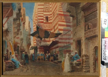 In de straten van Caïro (Egypte). Werk van Konstantin Makovsky, werk op papier
