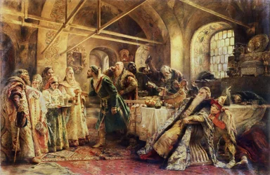 De kusceremonie - In de tijd van de Domostroj kiest een bojaar in het grootvorstendom Moskou zijn toekomstige vrouw; de kandidaten dragen een sarafanjurk en de traditionele hoofdtooi kokoshnik