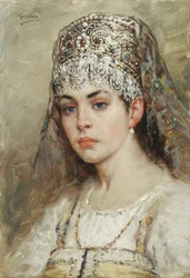Portret van een bojarenvrouw in traditionele kleding