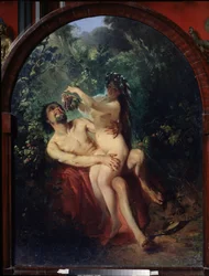 Sater en nimf. Naakt en dronken paar, de nimf op de knieën van de sater voedt hem met een tros druiven, geplukt van de wijnranken die hen omringen. Schilderij van Konstantin Yegorovich Makovsky (Constantin Makovski) (1839-1915)