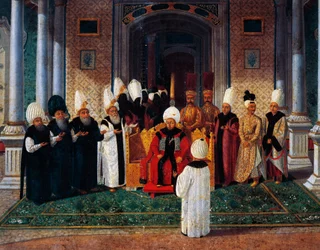Selim III (1761-1808) ontvangt hoogwaardigheidsbekleders onder baldakijn van de Poort van Gelukzaligheid in Topkapi, detail van ceremonie voor de troonsbestijging van Sultan Suleyman III, ca. 1789