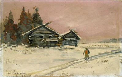 Winterlandschap met twee houten hutten, begin 20e eeuw