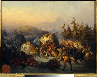 Russische Kozakken vallen Franse troepen aan, episode van de Slag bij Borodino in 1812