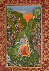 Radha en Krishna wandelen in een bloeiende tuin recto, Krishna fluitend verso, ca. 1720 r, ca. 1750-75 v
