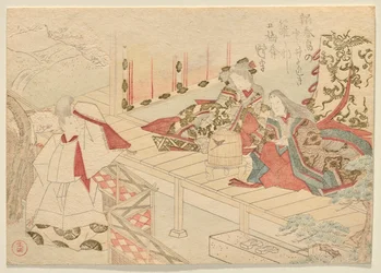 Een wandelende hoveling zwaait naar een hofdame die op een veranda zit met haar jonge bediende