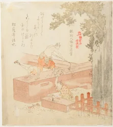De bouw van de Tsurugaoka Machimangū-schrijn