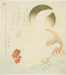 Haan, hen en opkomende zon, uit de serie "Zeven Vogel-en-bloem Afdrukken voor de Fuyo Cirkel van Kanuma in de provincie Shimotsuke"