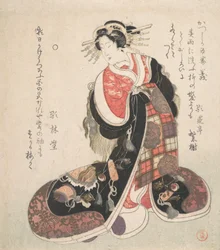 Courtisane gekleed in een uitgebreide japon geborduurd met symbolen van geluk