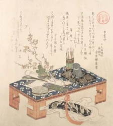 Bureau met schrijfgerei en pruimenbloemen, waarschijnlijk 1814 Jaar van de Hond