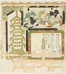 Nr. 7: Votiefschilderijen van zes onsterfelijke dichters, vliegende ganzen en een pagode gemaakt van munten, uit de serie "Zeven afbeeldingen voor de Hisakataya (Hisakataya shichiban no uchi)".