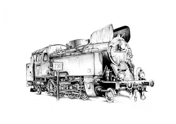 Gedetailleerde tekening van een stoomtrein