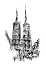 Schets van een stad met gotische torenspitsen