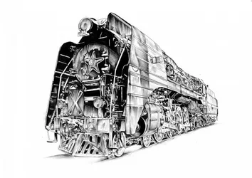 Tekening van een krachtige stoomlocomotief