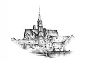 Tekening van de kathedraal aan de rivier