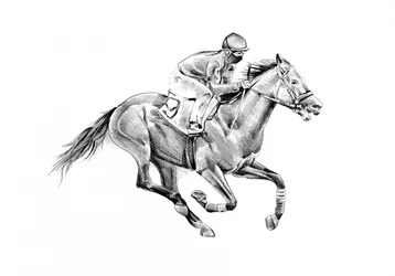 Een rennend renpaard en jockey