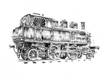 Tekening van een vintage stoomlocomotief