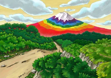Een enkele weg en regenboogkleurige Mt. Fuji, 2023