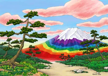 Pijnbomen en regenboogkleurige Mt. Fuji