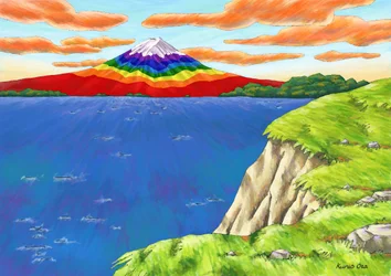 Regenboogkleurige Mt. Fuji boven de Klif