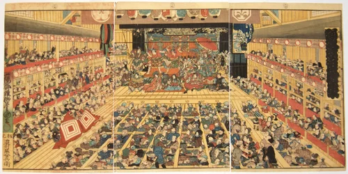 Odori-keiyo Edo-e no Sakae: Theaterinterieur met Shibaraku uitvoering, 1858